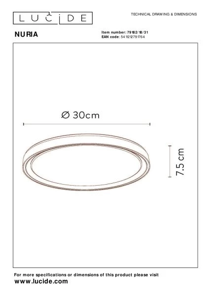 Lucide NURIA - Plafonnier - Ø 30 cm - LED 3 StepDim - 1x18W 2700K - Blanc - technique